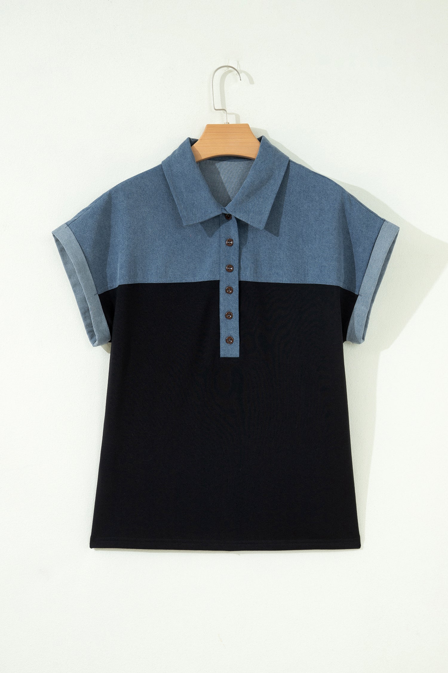 Black Color Block Denim Patchwork Button Polo Collar Short Sleeve Top