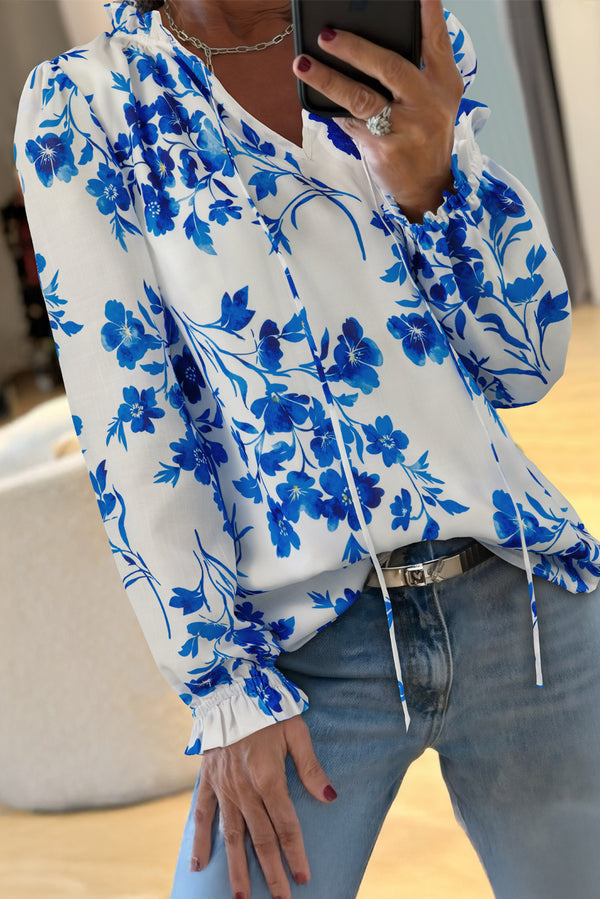 Blouse femme floral, manches longues, col V — bleu
