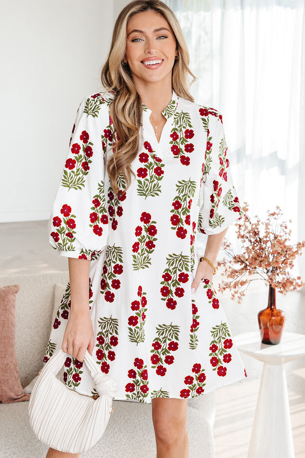 Robe courte femme floral, col V, ample — blanc