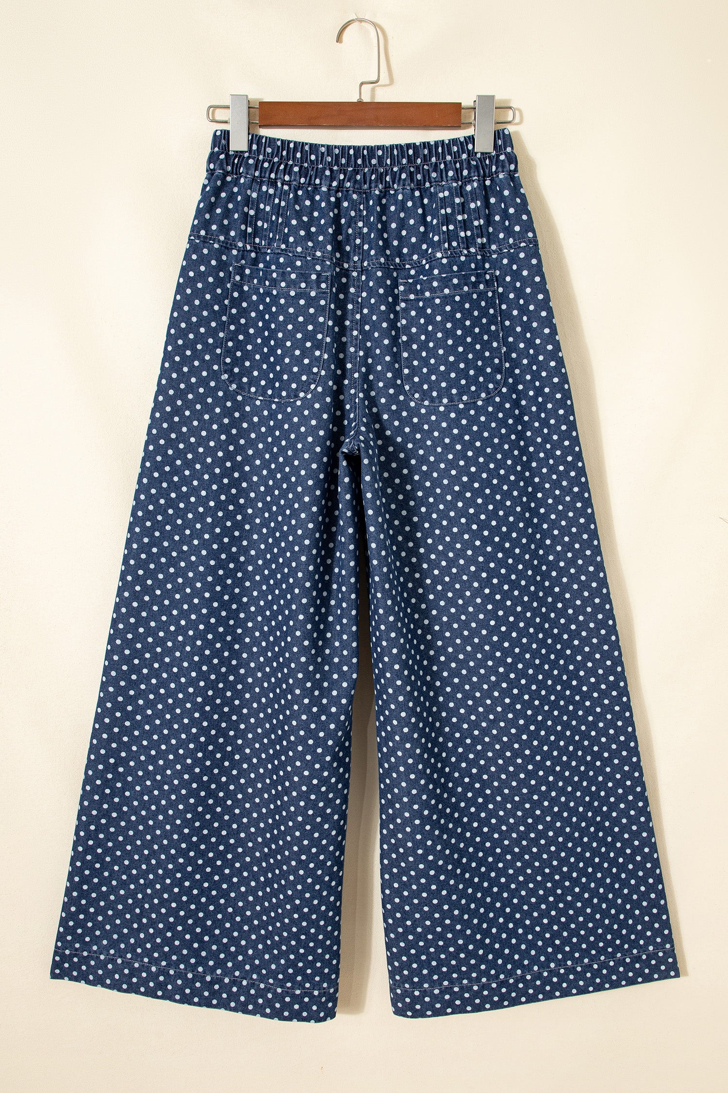 Sky Blue Polka Dot Print Button Pleated Detail Wide Leg Jeans