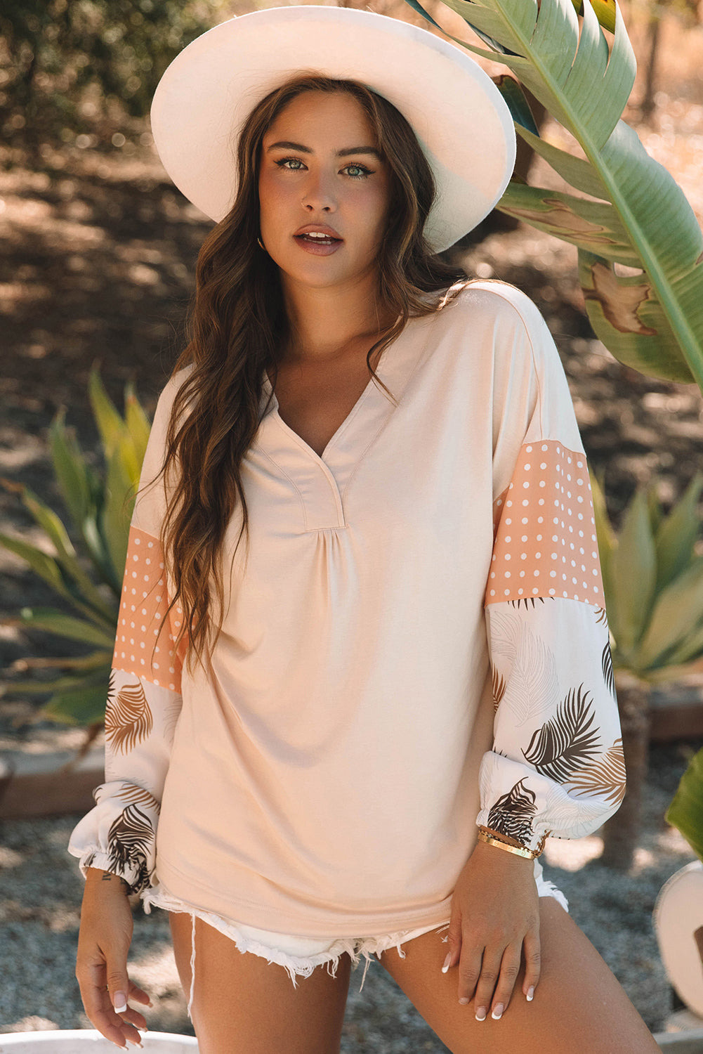 Blouse femme pois, patchwork, manches bouffantes, col V, ample · LC25129124-P2015 · LC25129124-P2015-3XL