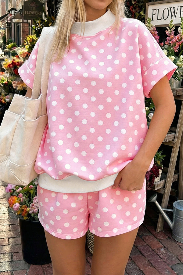 Short femme pois, col montant, colorblock — rose