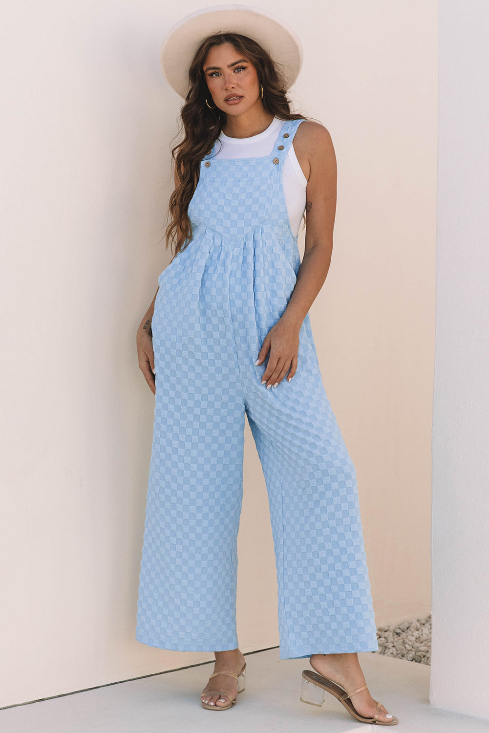 Pièce mode femme à carreaux, poches, taille haute, jambe large — bleu ciel