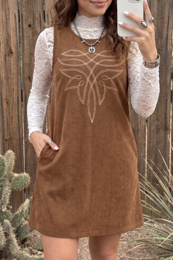 Robe femme brodé, sans manches — café