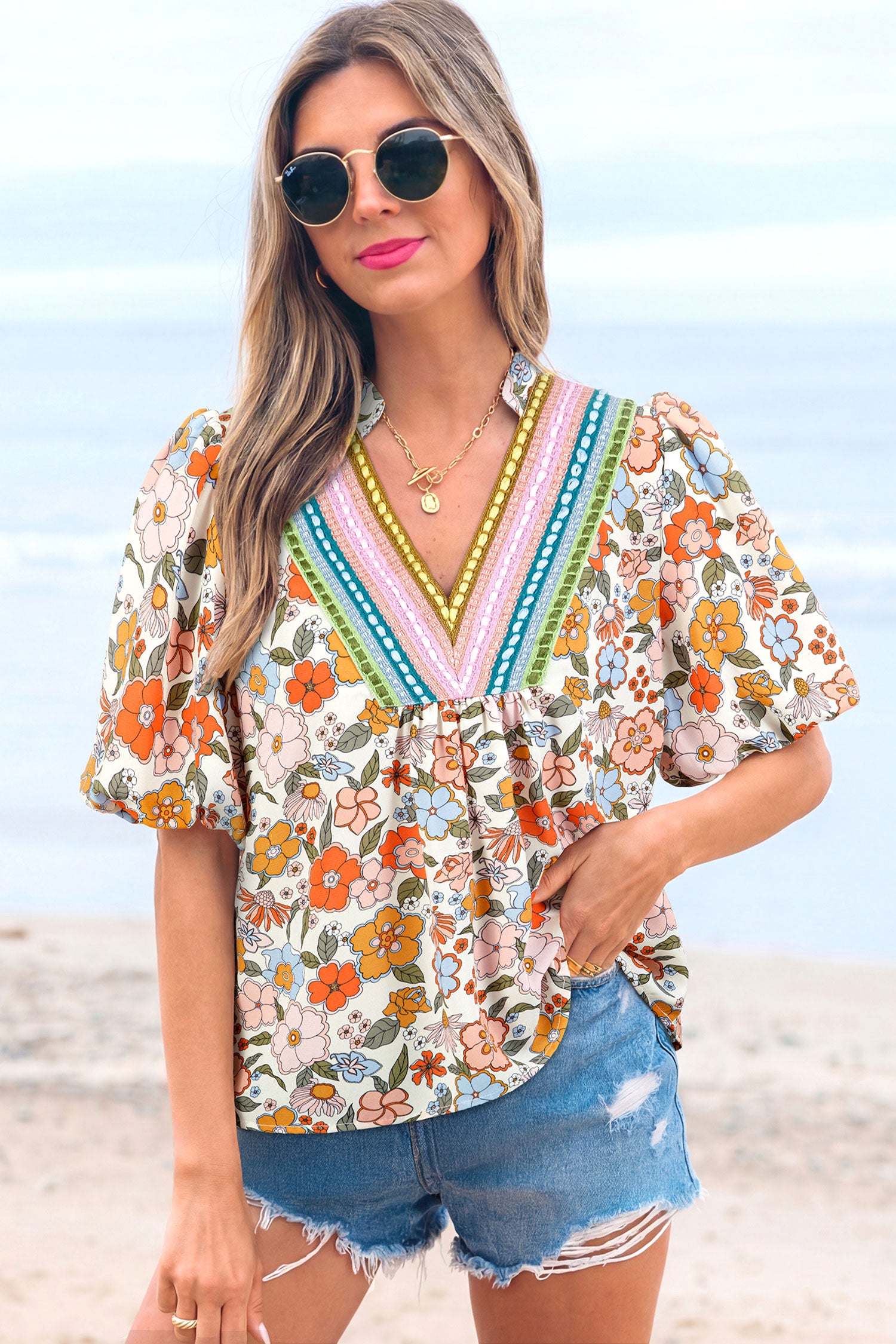Multicolour Crochet V Neckline Puff Sleeve Boho Flower Blouse