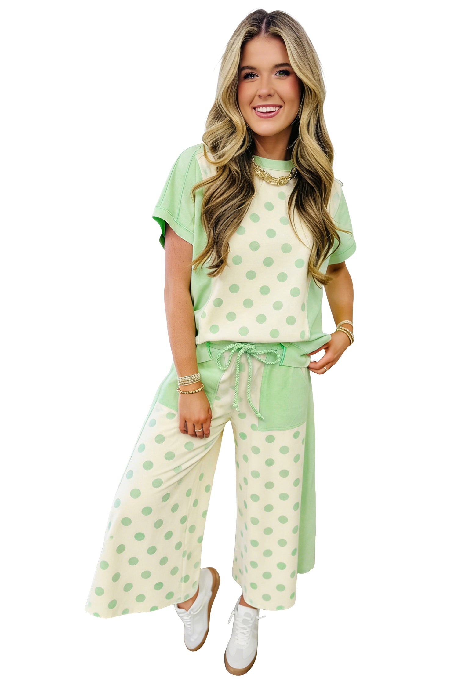 Green Color Block Patchwork Polka Dot Wide Leg Pant Set