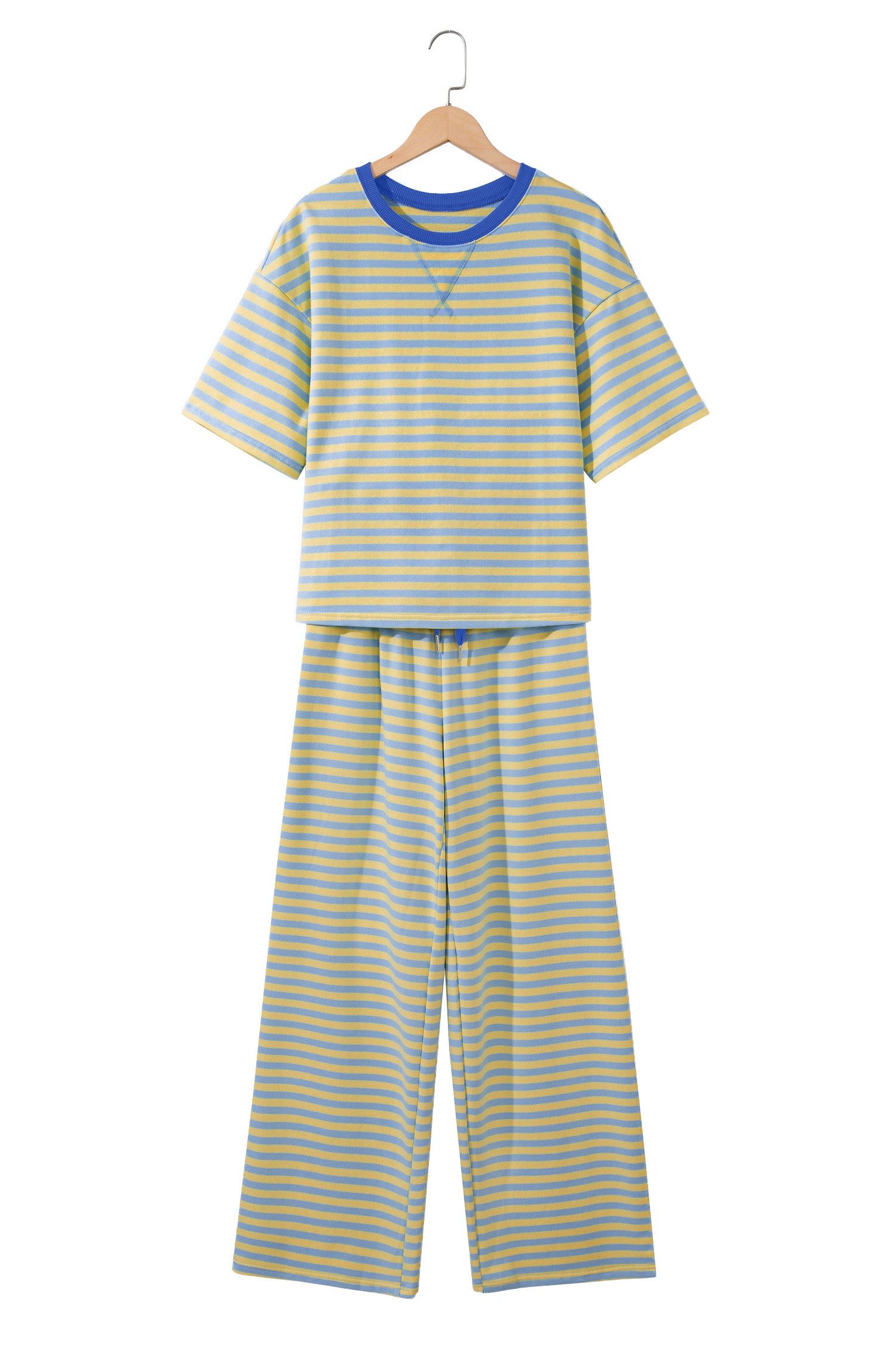 Pink Stripe Colorblock Trim Crew Neck Loose Tee Drawstring Elastic Waist 2pcs Pant Set