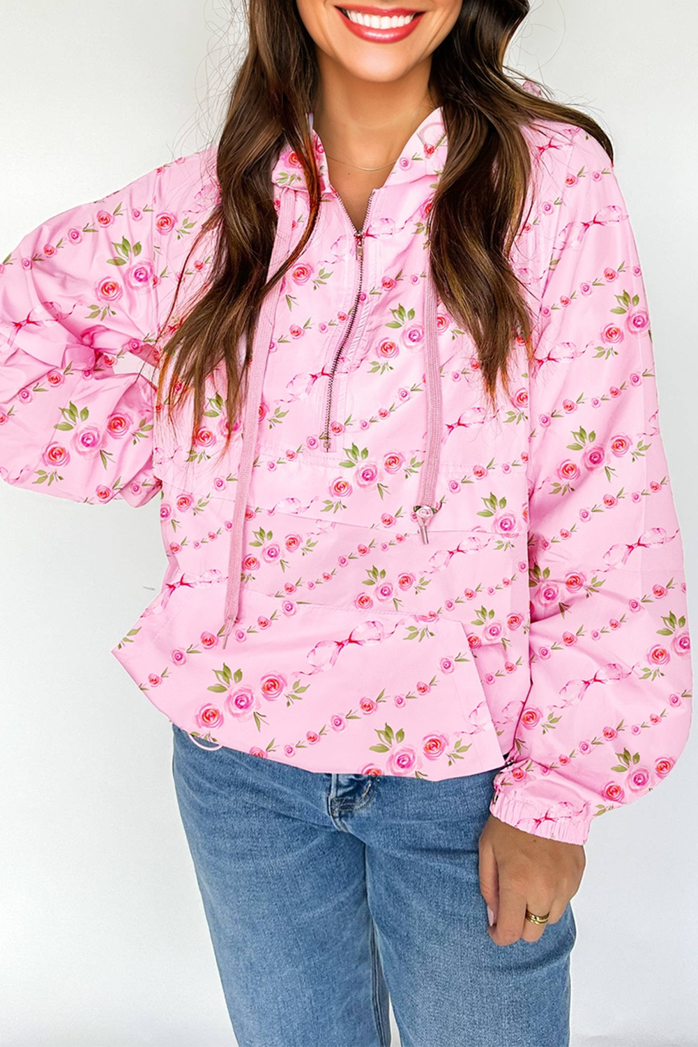 Hoodie femme floral, à cordon, zip, à capuche — rose