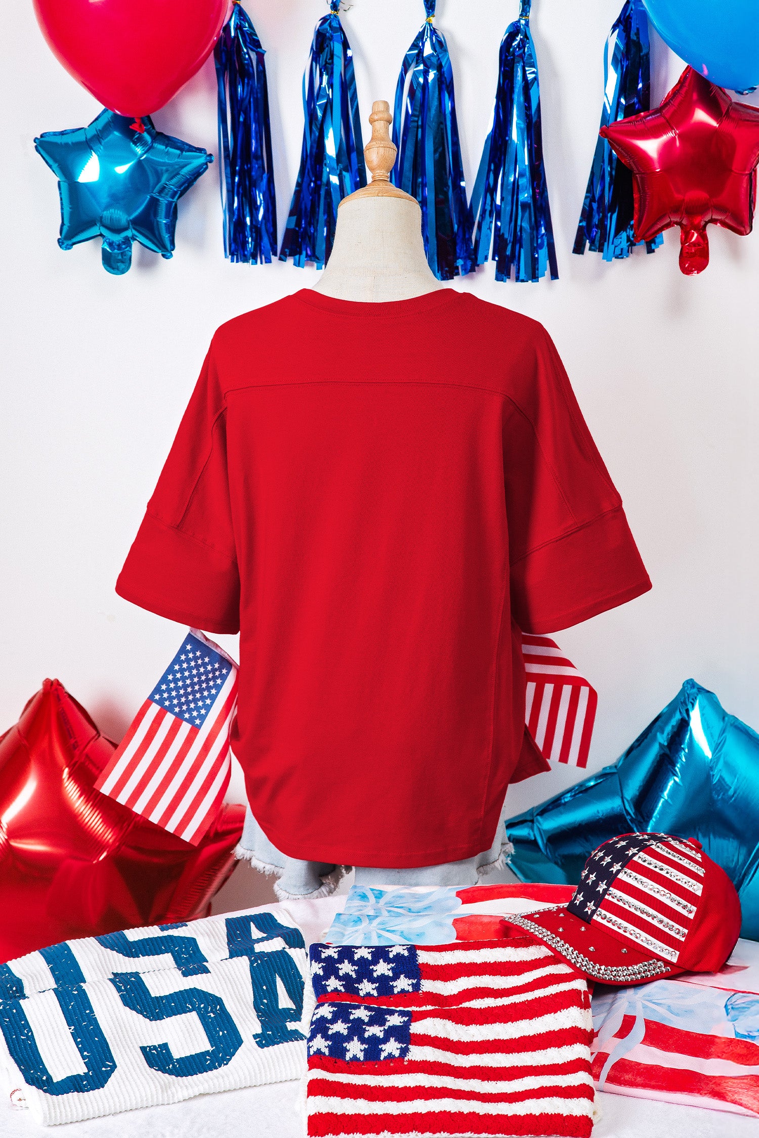 Fiery Red Patriotic USA Slogan Patch Embroidery Short Sleeve T Shirt