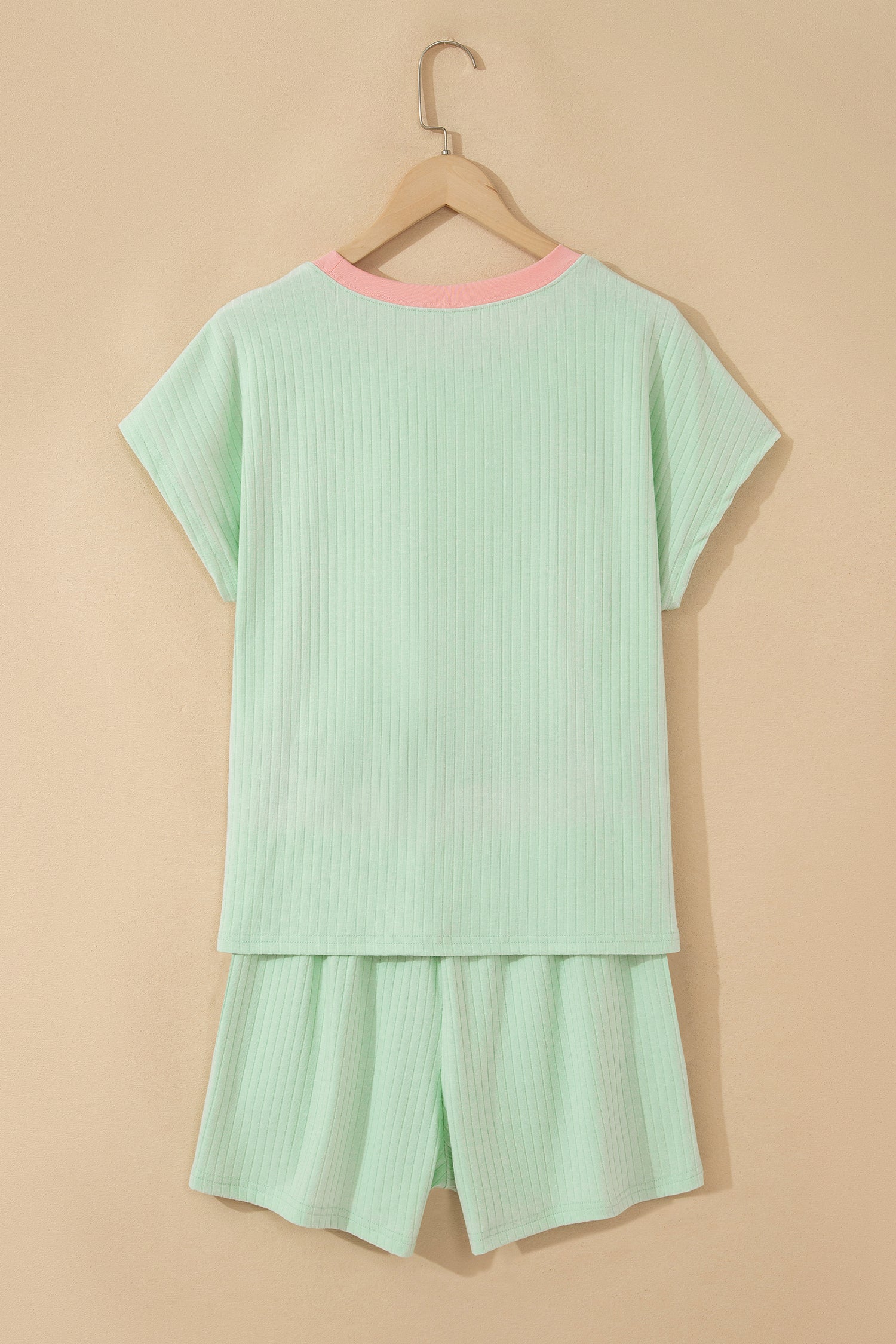 Clearly Aqua Soft Ribbed Color Block Trim Casual Short Set