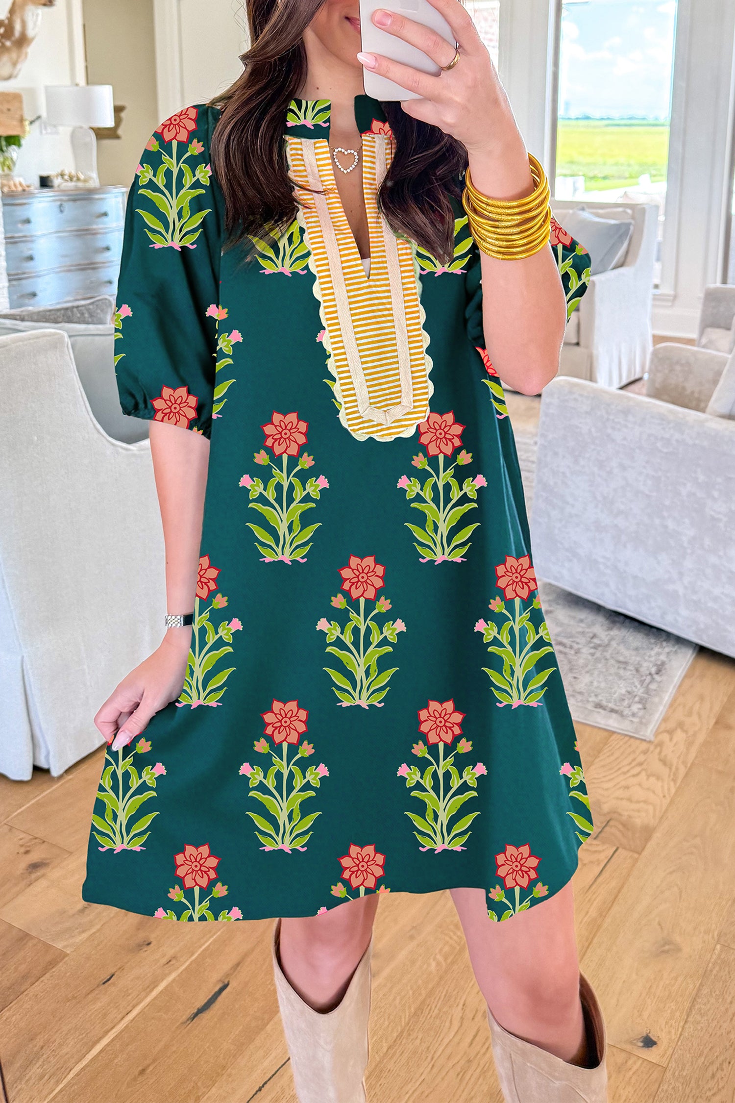 Robe femme floral, rayé, patchwork, manches courtes, bordure contrastée — vert
