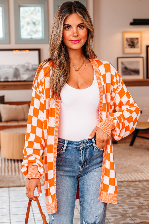 Orange Checkered Open Front Drop Shoulder Cardigan femme · LC2712372-P1422 · LC2712372-P1422-L