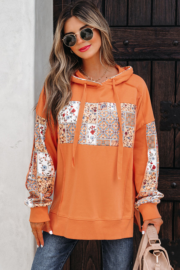 Flamingo Mix Floral Patchwork Side Slit Drawstring Hoodie femme