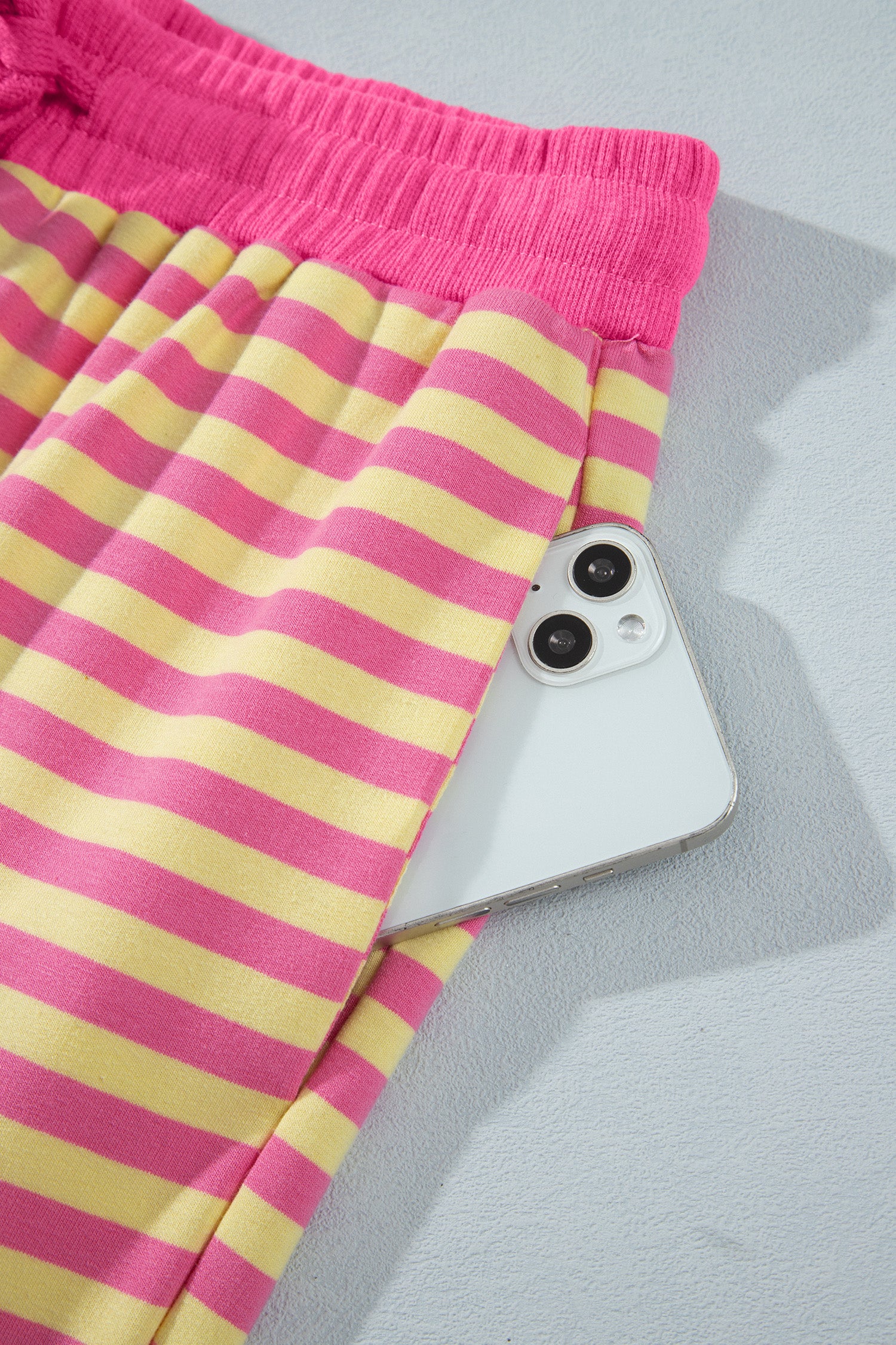 Pink Stripe Colorblock Trim Crew Neck Loose Tee Drawstring Elastic Waist 2pcs Pant Set