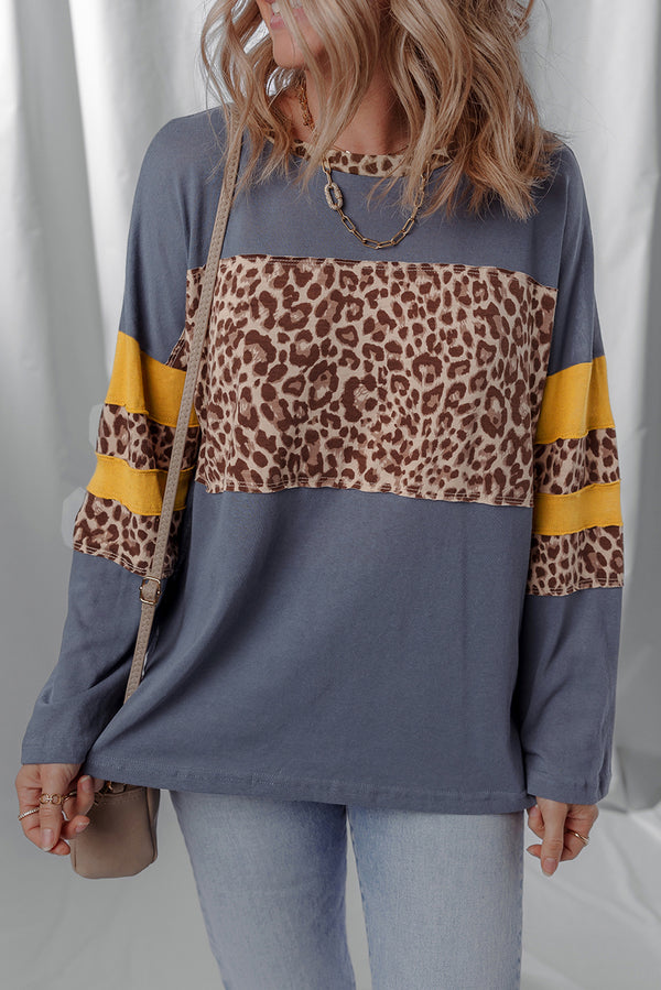 Haut femme léopard, patchwork, manches longues, épaules tombantes, colorblock — bleu foncé