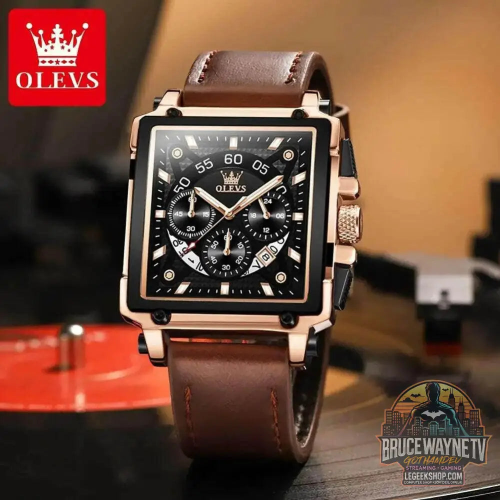 Montre à quartz carrée étanche avec bracelet en cuir pour homme, chronographe et fonction calendrier, marque supérieure | OLEVS - Legeekshop