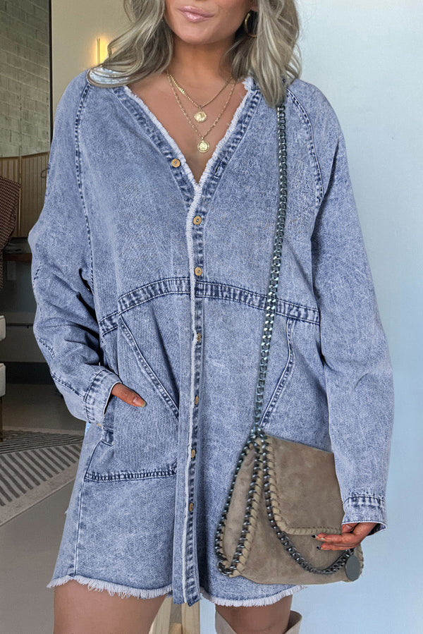 Robe femme boutonnée, poches, manches longues, denim — bleu ciel · LC786695-P804 · LC786695-P804-L