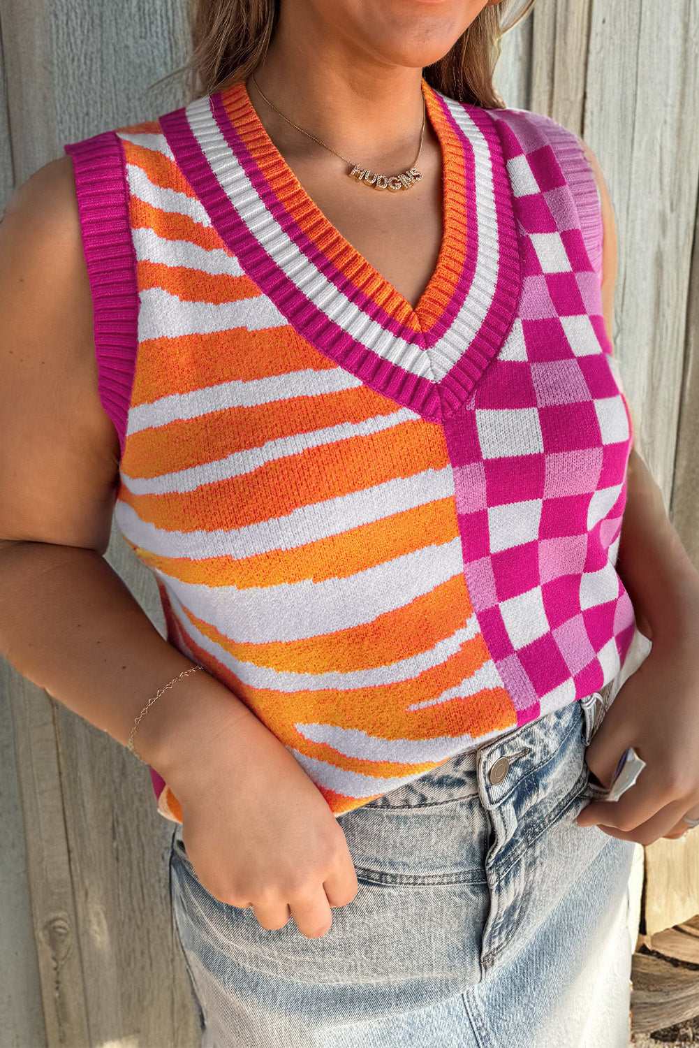 Pull femme rayé, à carreaux, patchwork, col V — jaune