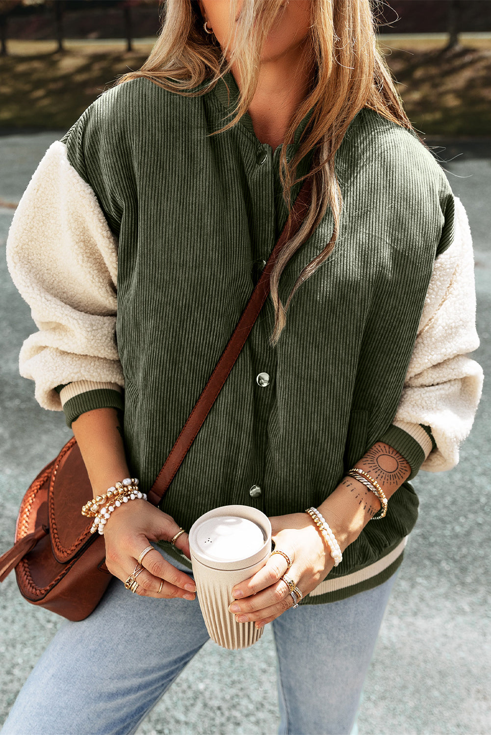 Veste femme patchwork, boutonnée — vert