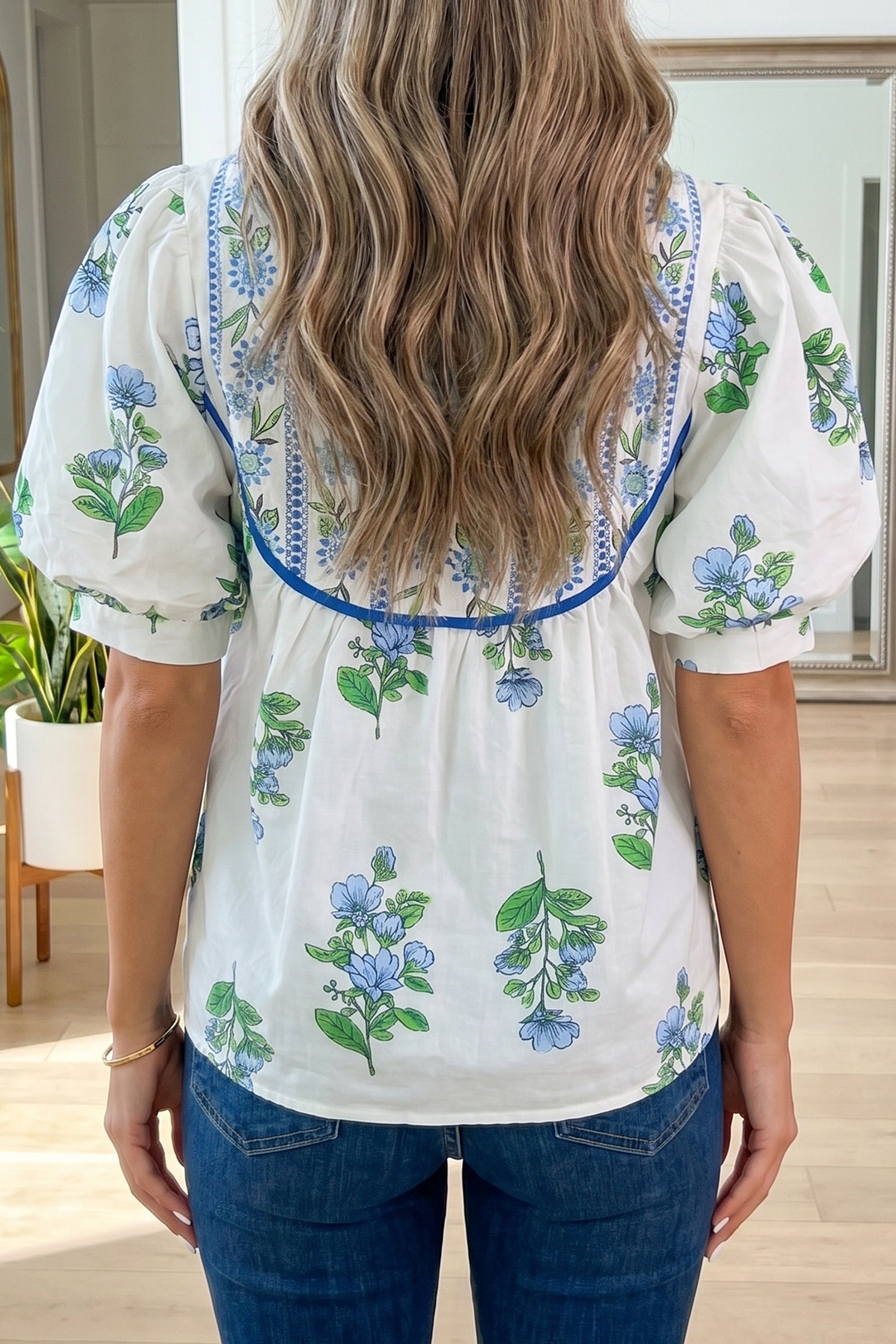 White Floral Print Contrast Trim Tie Neck Blouse