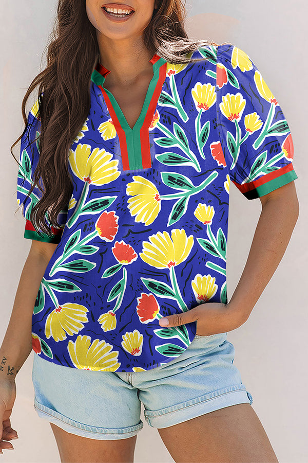 Blouse femme floral, rayé, patchwork, manches courtes, col V — bleu