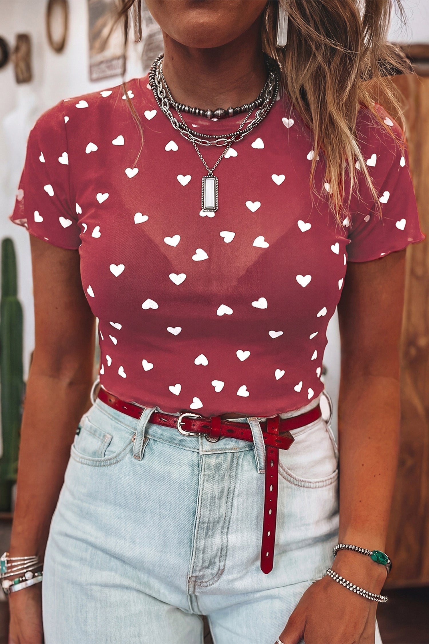 Haut femme transparent, manches courtes — rouge