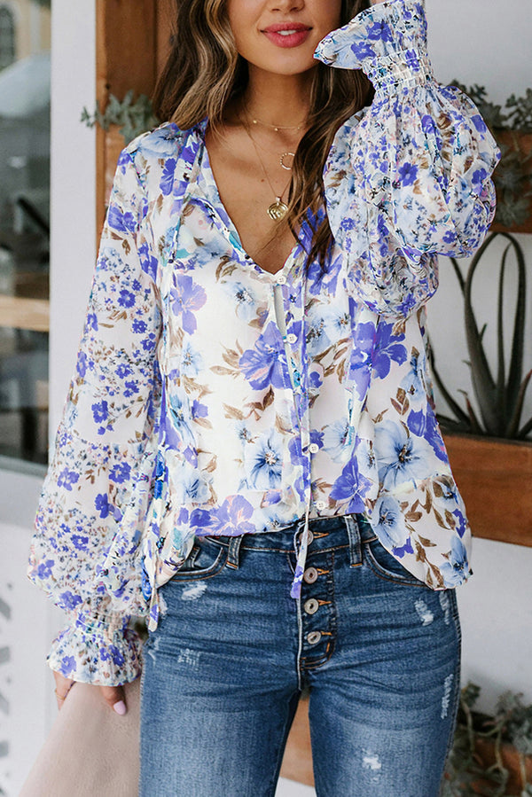 Blouse femme floral, smocké — bleu · LC2511225-5 · LC2511225-5-L