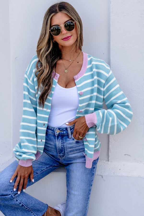 Cardigan femme rayé, manches longues, col rond — bleu ciel