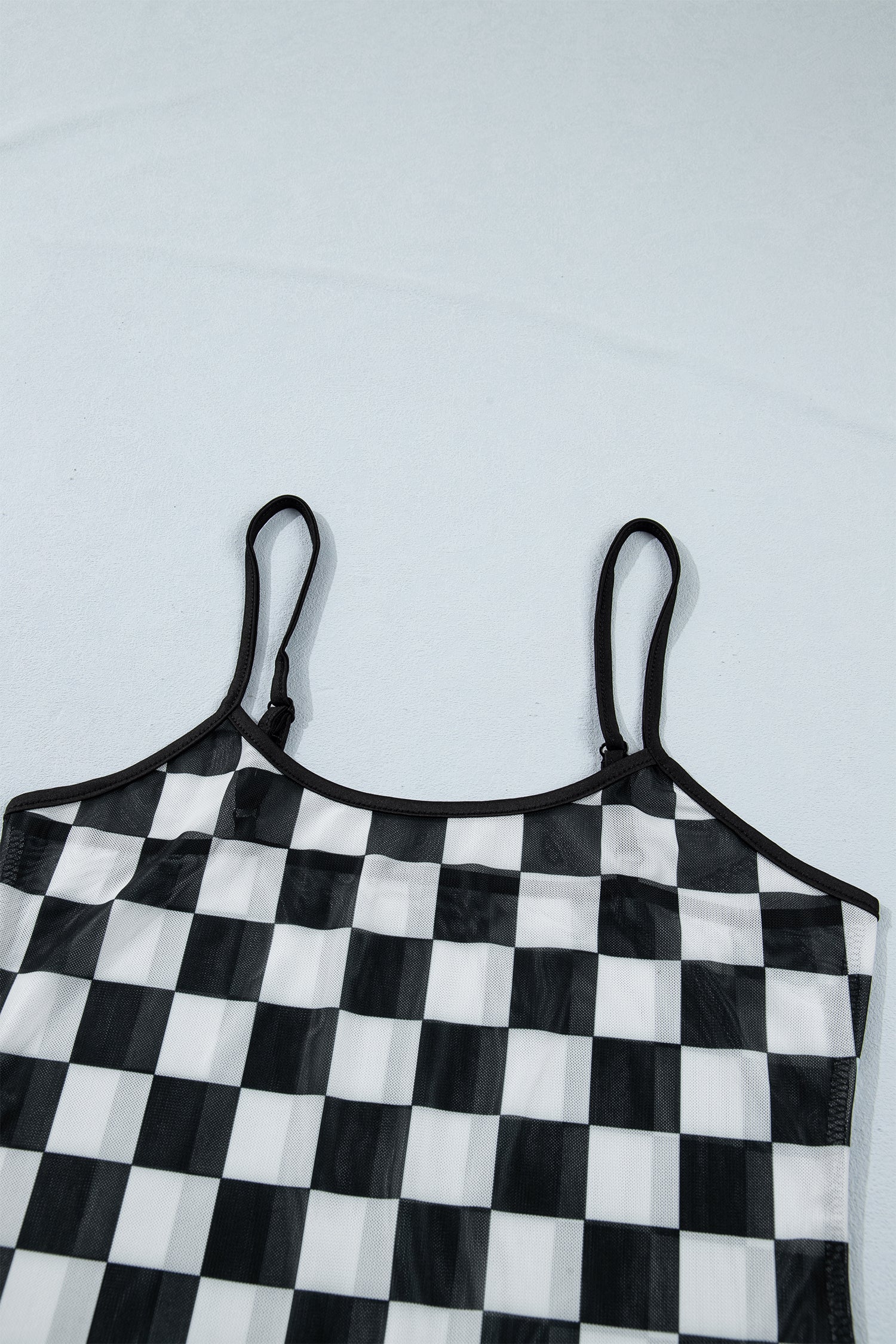 Black Sheer Checkered Print Spaghetti Straps Slim Tank Top