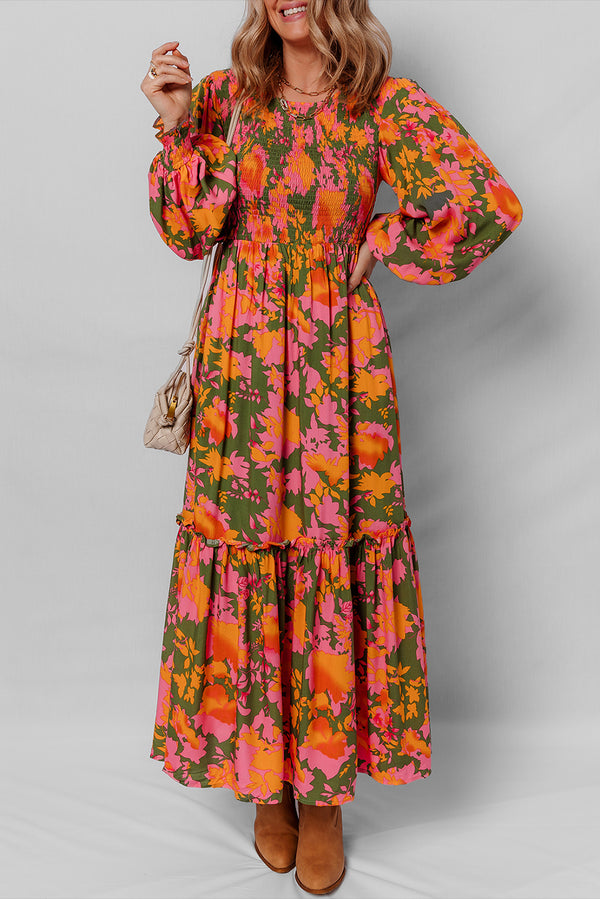 Robe femme floral, à volants, smocké, manches bouffantes — orange · LC6125650-P1420 · LC6125650-P1420-L