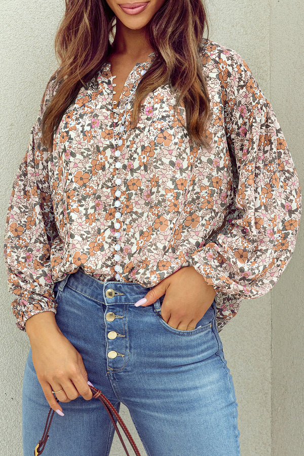 Chemise femme floral, boutonnée, manches bouffantes — orange