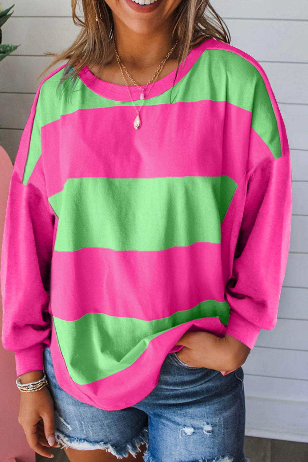 Haut femme rayé, épaules tombantes, ample, colorblock — vert clair