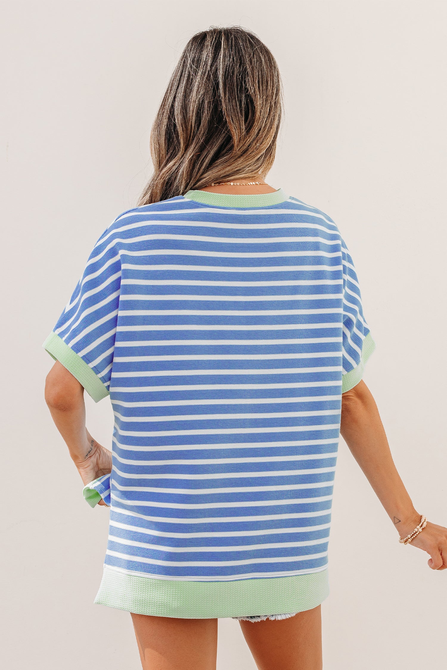 Pink Stripe Contrast Trim Loose Short Sleeve Top