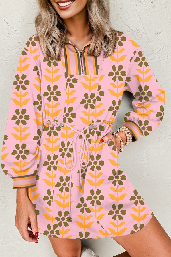 Robe femme floral, rayé, patchwork, à cordon, zip, manches longues — rose