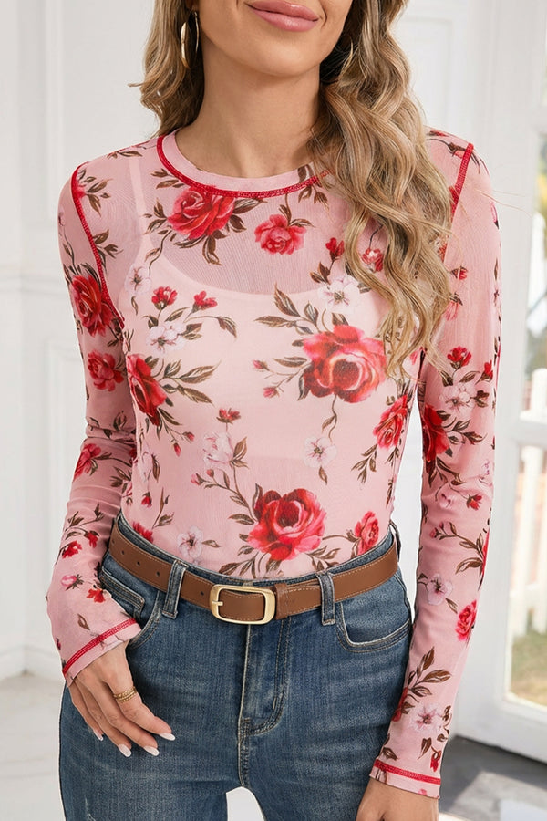 Haut femme floral, transparent, manches longues — rose