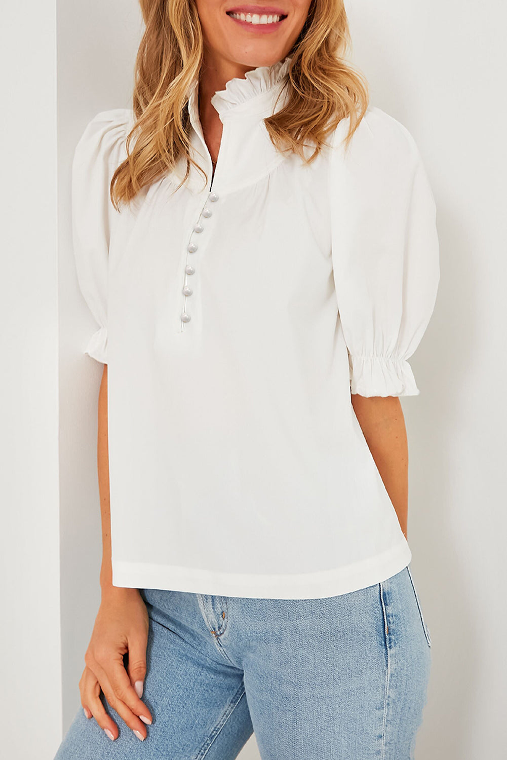 Blouse femme boutonnée, demi-boutonnage, manches ballon — blanc