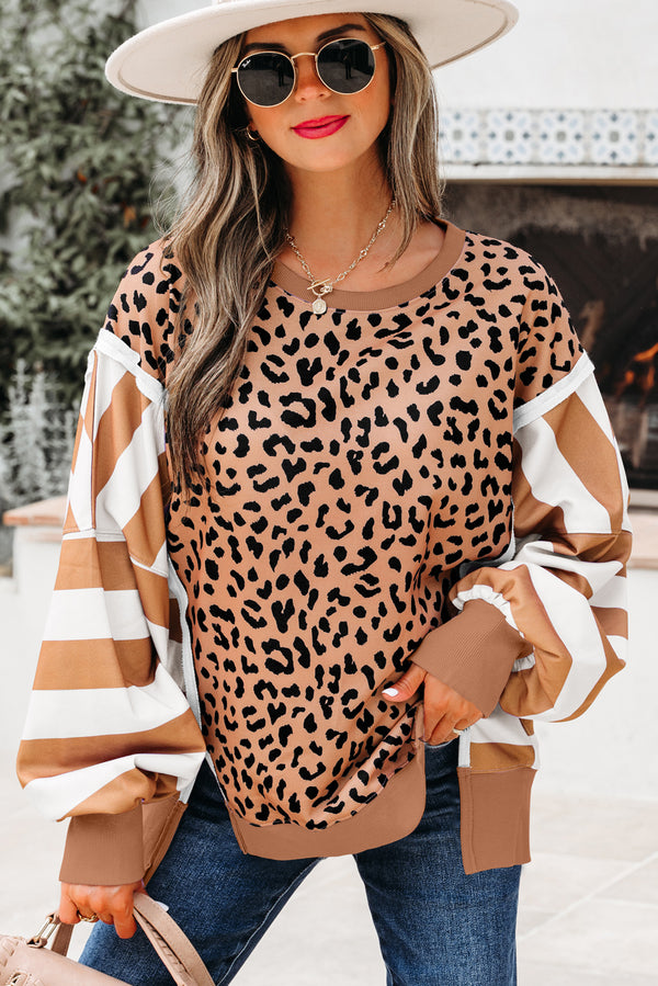 Sweat femme léopard, rayé, patchwork, casual, colorblock — kaki