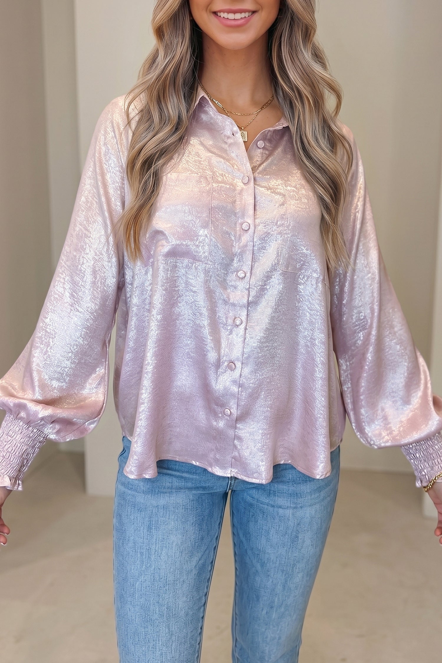 Delicacy Long Sleeve Button Front Ruffle Cuffs Back Paneling Shirt