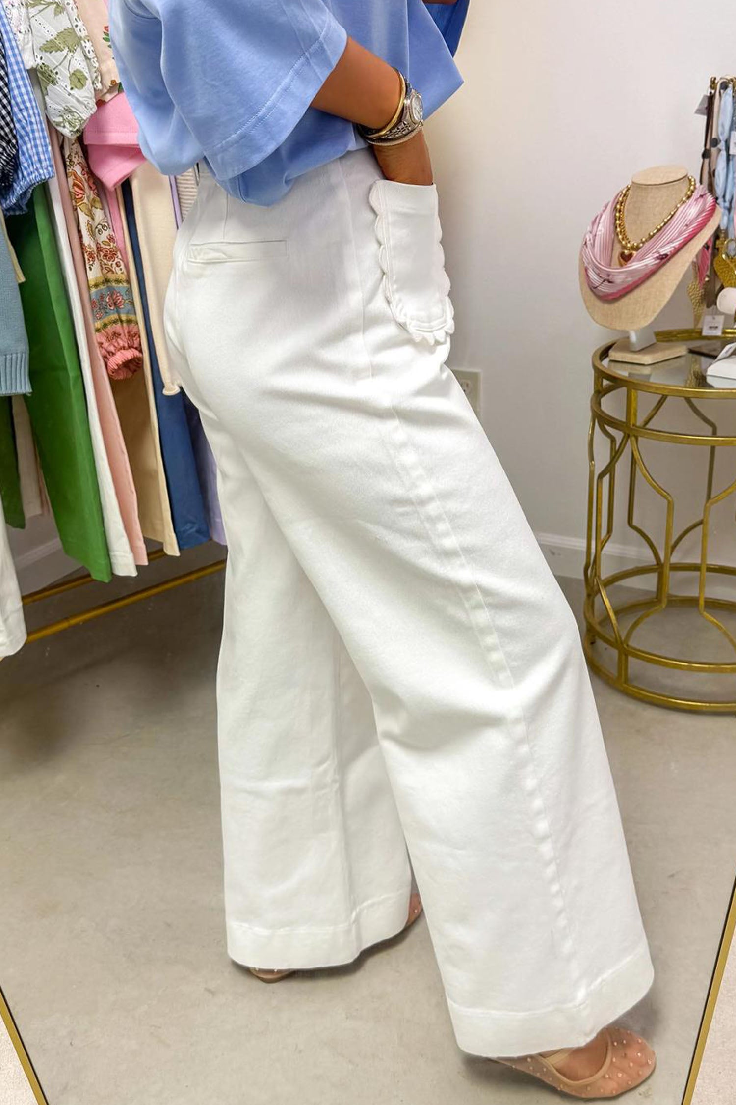Yellow Solid Color Scalloped Patch Pocket Shift Jeans