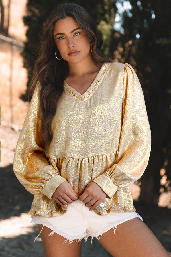 Blouse femme métallisé, manches bouffantes, col V — doré · LC25129163-P12 · LC25129163-P12-L