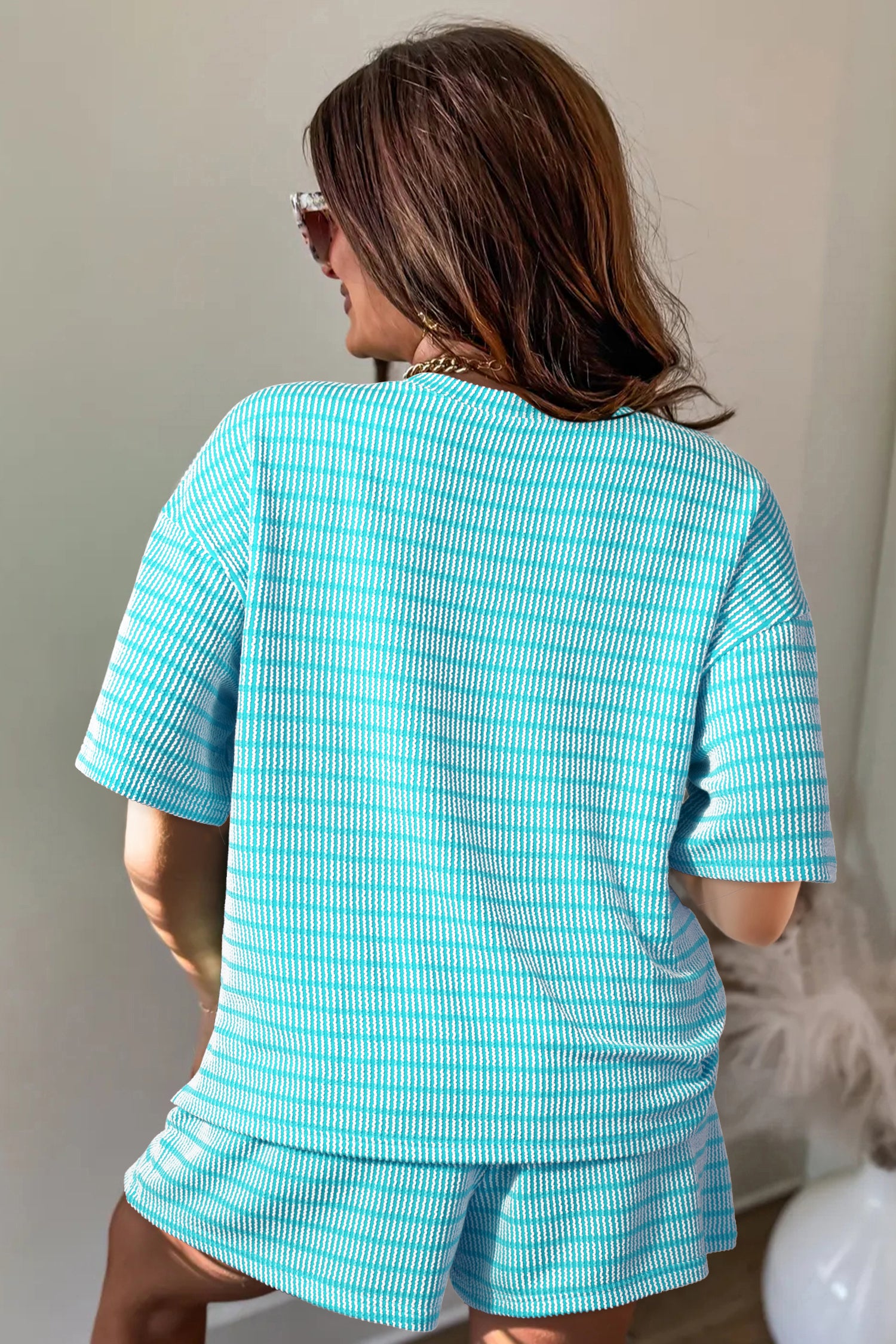 Sky Blue Stripe Raised Rib Loose Tee Drawstring Elastic Waist 2pcs Short Set