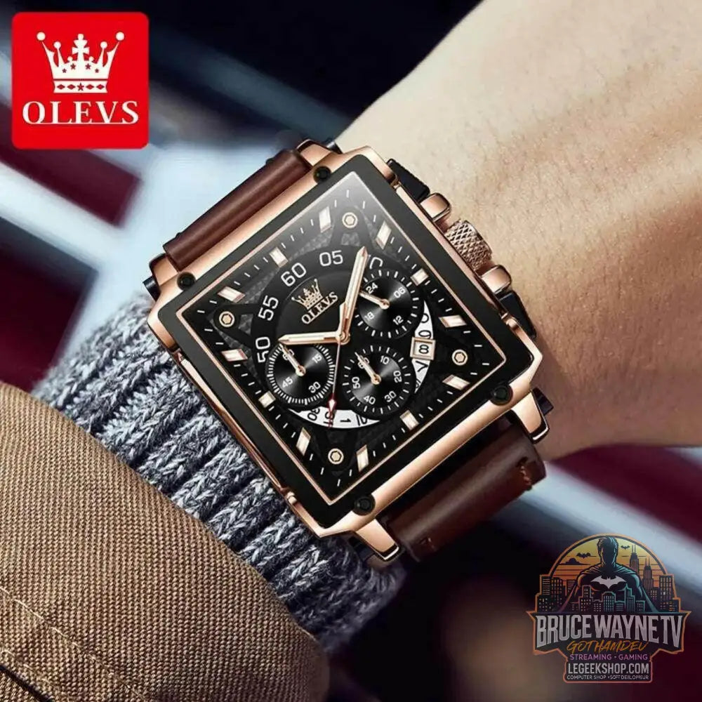 Montre à quartz carrée étanche avec bracelet en cuir pour homme, chronographe et fonction calendrier, marque supérieure | OLEVS - Legeekshop