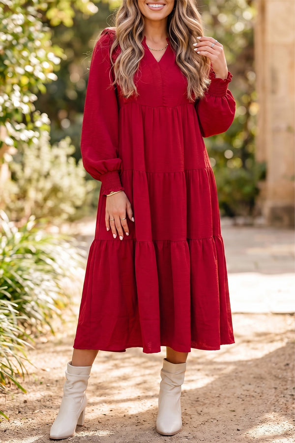 Robe midi femme à volants, à étages, manches longues, uni, midi — rouge