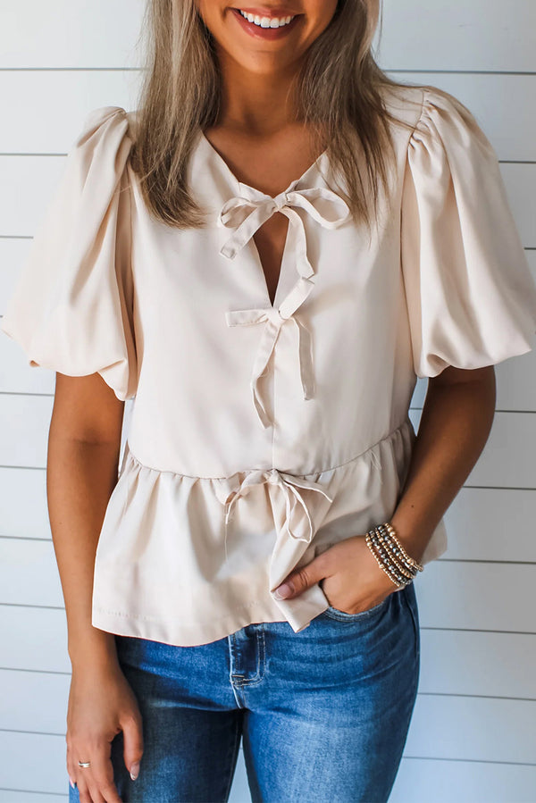 Short femme à volants, manches bouffantes — blanc