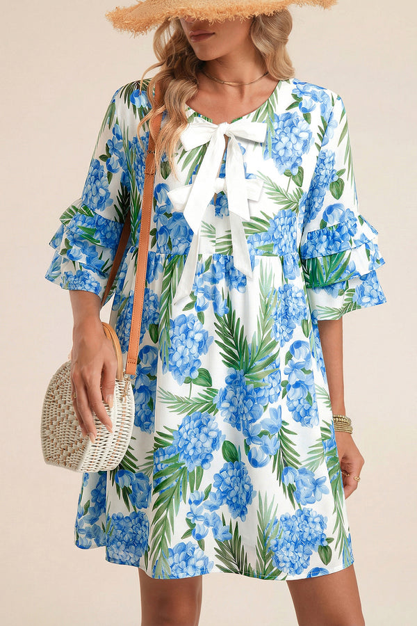 Robe courte femme floral, à volants, à étages — bleu ciel