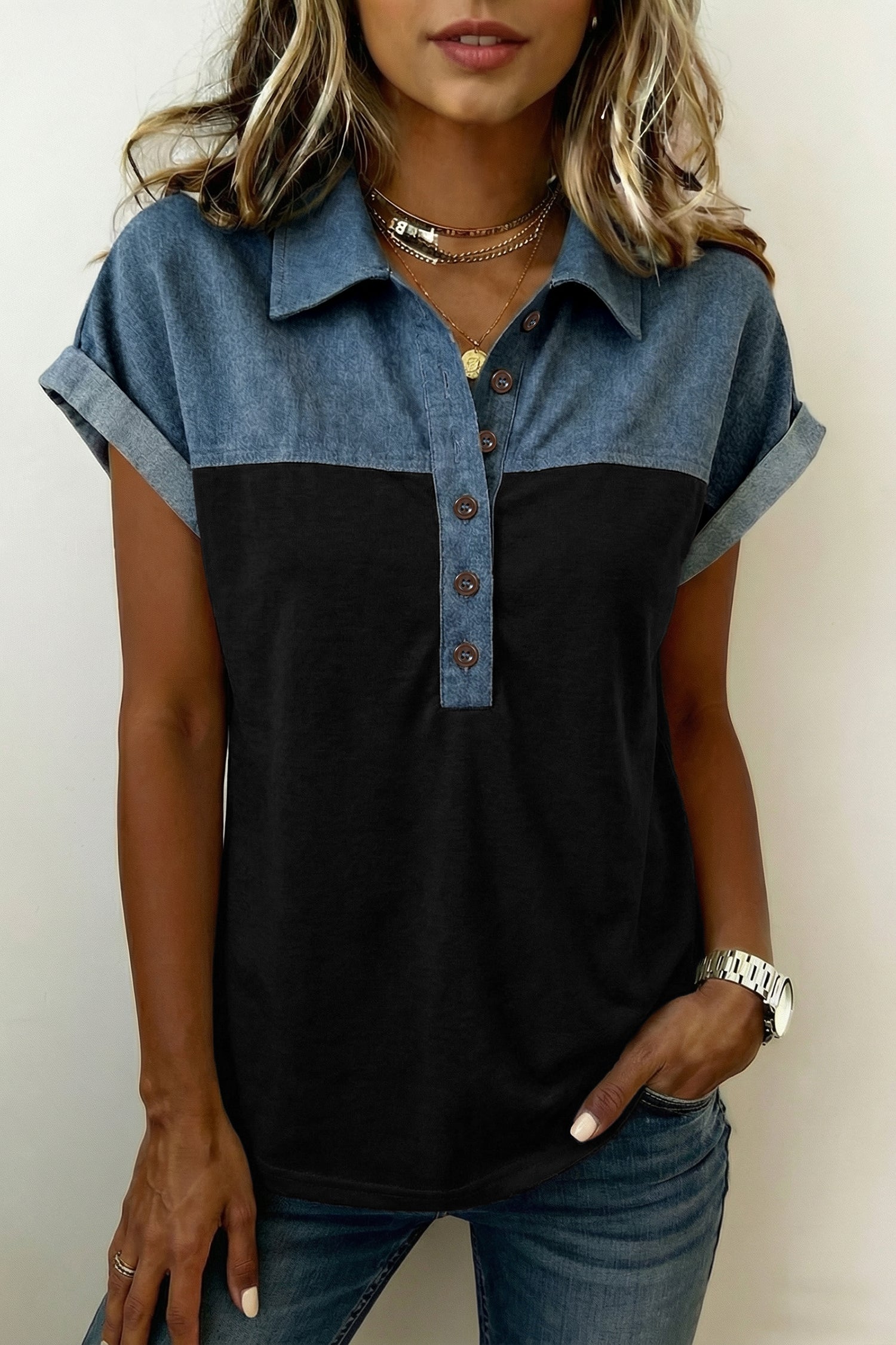 Black Color Block Denim Patchwork Button Polo Collar Short Sleeve Top