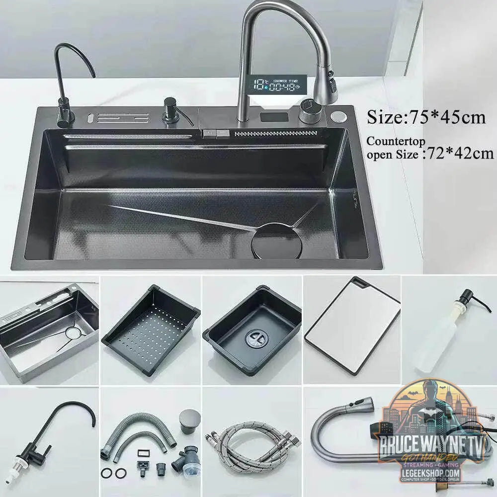 🚰 Évier cascade en acier inoxydable 304 – Affichage numérique & accessoires intégrés - Legeekshop