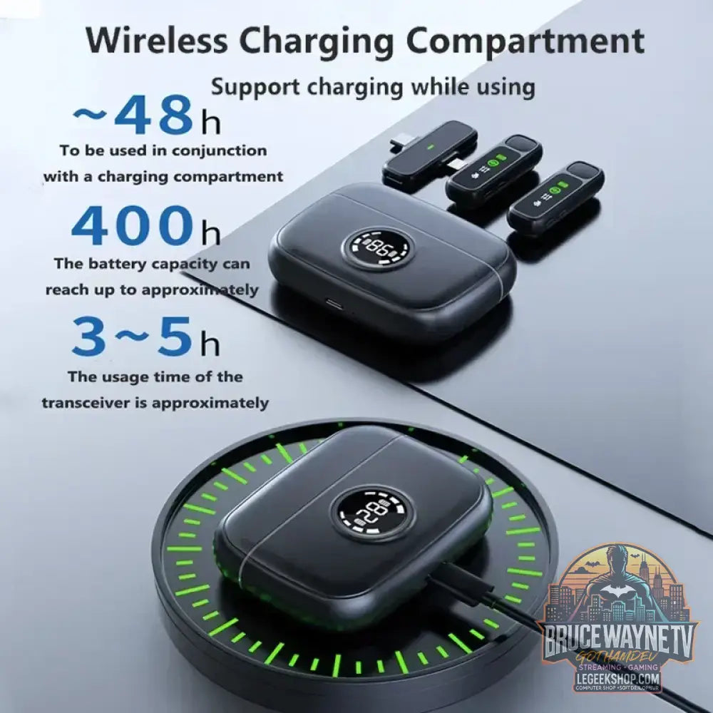 Compartment de chargement sans fil pour microphone sans fil Bluetooth portable - enregistrement audio vidéo lavalier pour iPhone & Android