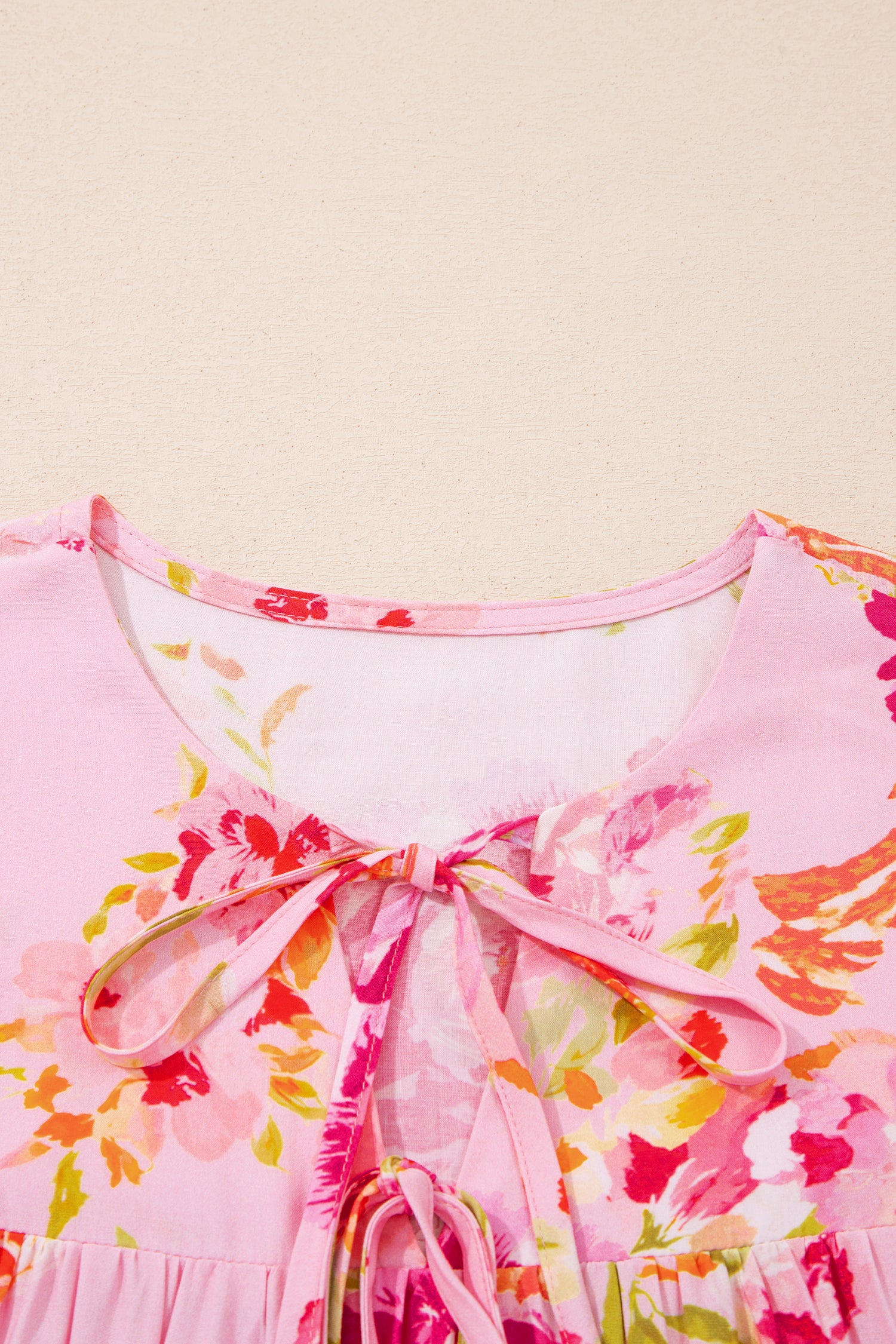 Pink Floral Print Tie Neck Puffy Half Sleeve Blouse