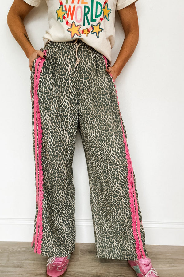 Pantalon femme léopard, rayé, à cordon — marron